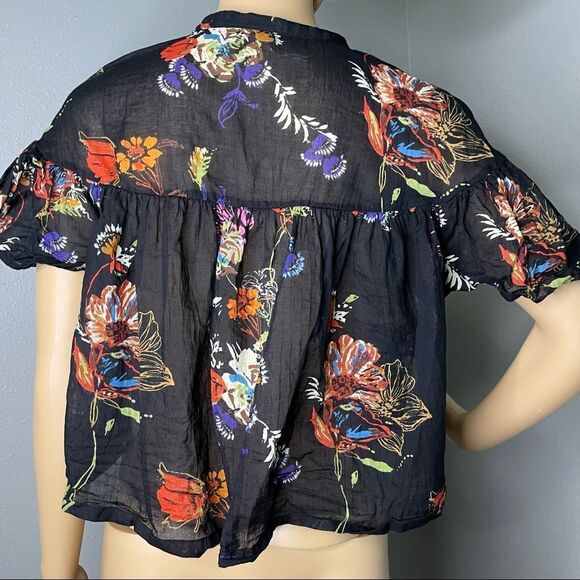 Free People Sweet Escape Floral Button Down Cropped Blouse Black Multi color Sm - Picture 14 of 14